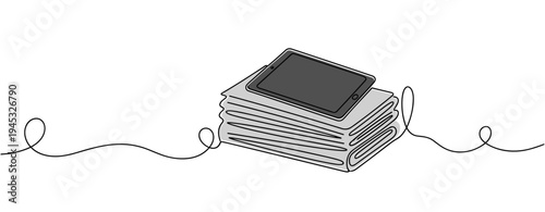 Tablet resting on stack of newspapers on white background