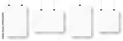 Set of blank paper sheets hanging on binder clips. Paper pages, sheets canvas hanging on a ropes. Vector illustration with realistic paper sheets.