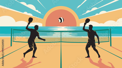 Two men playing beach volleyball at sunset on a sunny day by the ocean