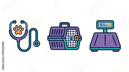 Veterinary Medicine & Pet Care Equipment Vector Illustration Set. Includes Stethoscope with Paw Print, Animal Carrier, and Pet Weight Scale for Animal Health Check.