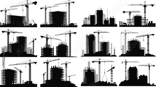 Silhouettes of urban construction sites with cranes and multi-story buildings in various stages of development
