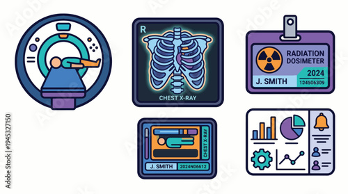 Medical Technology & Diagnostics Icon Set: Flat vector illustrations of CT scan, chest X-ray, radiation dosimeter, patient monitoring, and healthcare data analytics.