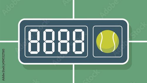 A digital scoreboard displaying 8888 with a tennis ball on a green tennis court background