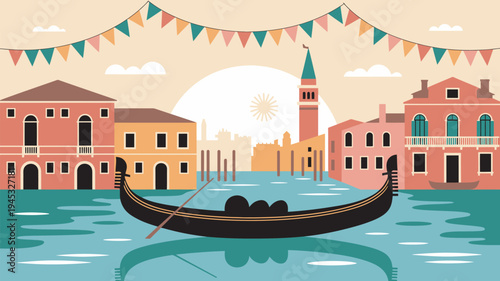 A serene gondola ride through the canals of Venice during a festive celebration
