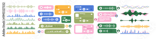 Sound waves, voice messages and audio tracks set. Music play and pause, soundtrack waveforms. Audible records, podcasts, players streaming. Flat vector illustrations isolated on white background