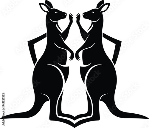 kangaroo silhouette illustration, mirrored kangaroo pair design, australian wildlife animal graphic, black kangaroo symbol, native marsupial icon, decorative animal silhouette artwork