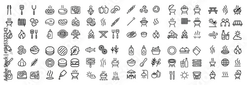 Barbecue icons with grill and skewer outline