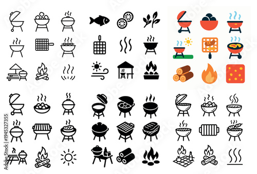 Barbecue icons with grill bowl logs minimal