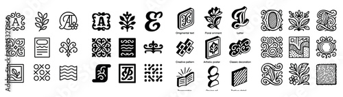 Decorative icons with laurel and monogram ornate