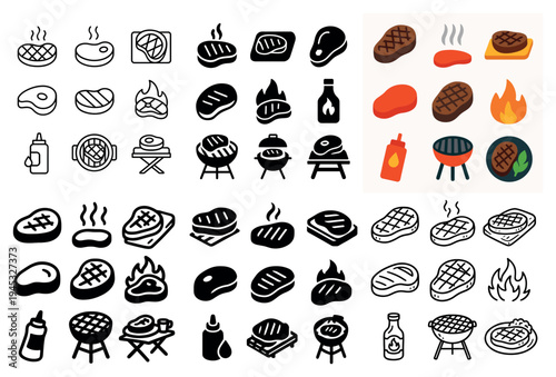 Barbecue icons with steak grill bottle flat
