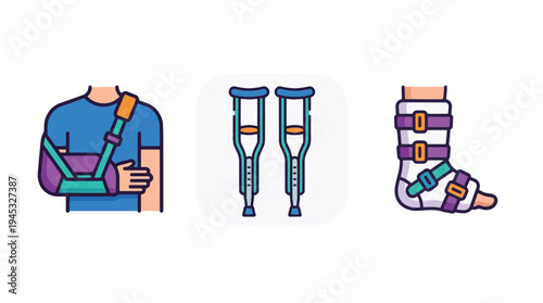 Medical Injury Recovery Icons Set: Arm Sling, Crutches, and Orthopedic Walking Boot. Illustrations for Trauma Support, Rehabilitation, and Physical Therapy.