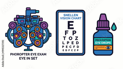 Eye Care & Vision Exam Set: Phoropter, Snellen Chart, and Prescription Eye Drops. Essential Optometry Tools for Healthy Eyes and Vision Correction. Medical Illustration.