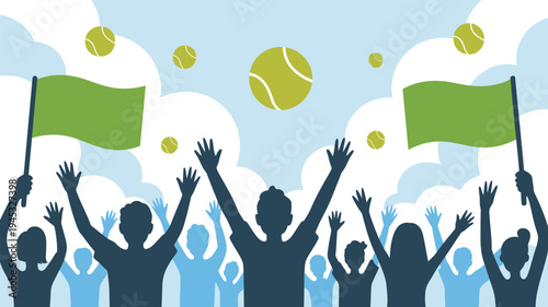 A group of people celebrating with their arms raised in a lively and festive atmosphere with tennis balls and flags