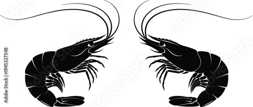 shrimp silhouette pair illustration, seafood crustacean icon design, marine animal graphic, black shrimp symbols, ocean seafood element, symmetrical shrimp artwork