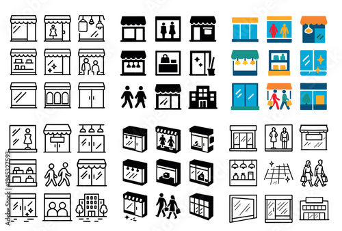 Storefront icons with awning window people flat