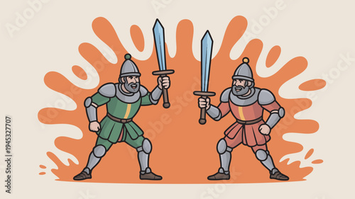 Two medieval knights in armor standing back to back with swords ready for battle in a vibrant illustration.