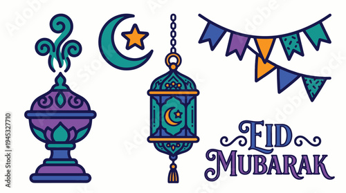 Colorful Eid Mubarak vector elements set featuring a traditional lantern, crescent moon and star, incense burner, festive bunting, and calligraphy for Islamic holiday designs.