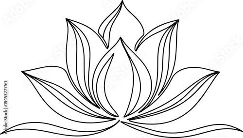 Lotus flower line art drawing, black floral outline icon, elegant lily bloom silhouette isolated on white background, wellness yoga symbol.