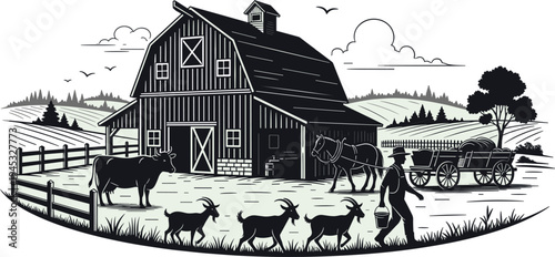 vintage farm landscape illustration, rustic barn countryside scene, farmer livestock rural life, agriculture farmyard graphic, traditional farming concept, pastoral village engraving style