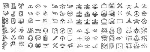 Aviation icons with airplane pilot and tower outline