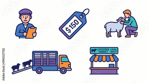 Livestock Farming and Market Icons Set. Agriculture Business Process with Farmer, Sheep, Transport Truck, Price Tag, and Local Market Shop Illustrations.