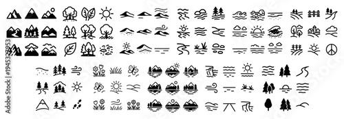 Nature icons with tree mountain in outline style