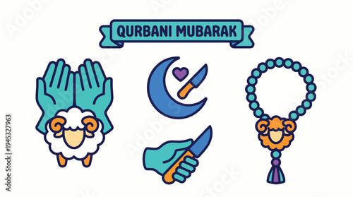 Qurbani Mubarak and Eid al-Adha Flat Design Vector Elements Set with Sheep, Knife, Prayer Beads and Crescent for Islamic Sacrifice Celebration