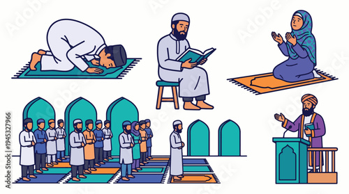 Islamic Prayer and Worship Activities Set. Muslims Praying, Reading Quran, and Giving Sermon in Mosque. Religious Practices and Muslim Culture Illustration.