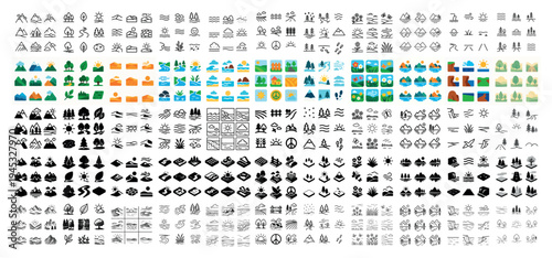 Landscape icons with mountain tree sun colorful