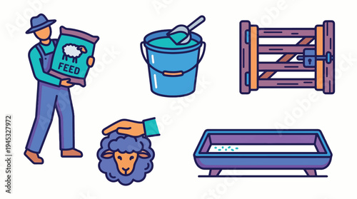 Sheep Farming and Livestock Care Icons Set. Farmer with Feed, Petting Sheep, Farm Gate, Feeder Trough, and Water Bucket. Animal Husbandry Vector Elements.