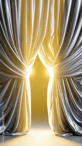 Unveiling the Light: Draped in luxurious satin, two majestic curtains part to reveal a radiant burst of light, symbolizing the grand opening of a stage, a show, or a dream.