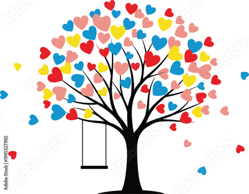 whimsical heart tree, colorful love illustration, romantic swing concept, valentine nature art, abstract romance background, playful heart