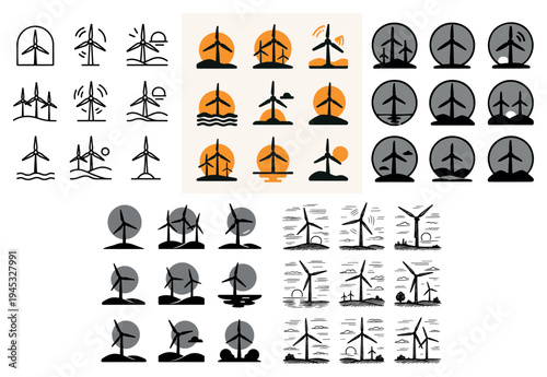 Renewable energy icons with wind turbine sun minimal