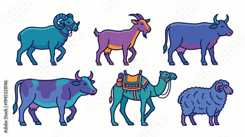 Colorful Livestock Animals Vector Set. Flat Design Illustrations of Ram, Goat, Cow, Camel, and Sheep. Ideal for Farm, Nature, and Educational Themes.