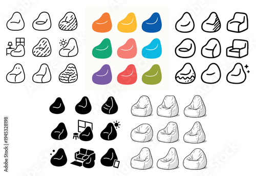Living room icons with beanbag chair pillow colorful flat