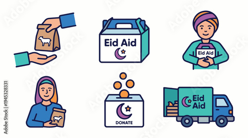Eid al-Adha Charity Aid Icons Set. Islamic Muslim Holiday Qurbani Sacrifice Donation, Zakat, and Food Distribution Flat Vector Illustrations. Generosity and Community Help.