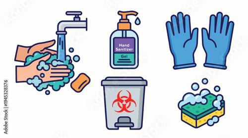 Essential Hygiene and Sanitation Icons Set: Handwashing, Hand Sanitizer, Disposable Gloves, Biohazard Waste Bin, and Cleaning Sponge. Health and Safety Concept.