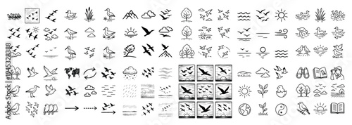 Wildlife icons with flying birds trees outline