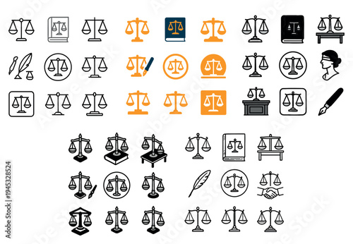 Court icons with scales quill bench outline
