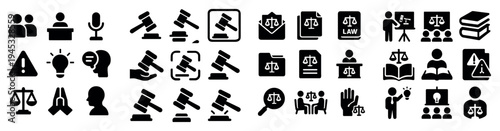 Courtroom icons with gavel and law books solid simple