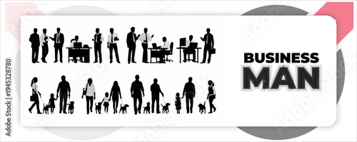 Set of pedestrian silhouettes featuring diverse people walking standing waving and walking dogs 
with various bags and accessories isolated on white background vector illustration