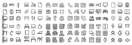 Office icons with phone monitor printer outline thin