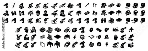 Workshop icons with drill sander glove bold