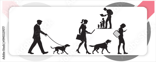 Set of pedestrian silhouettes featuring diverse people walking standing waving and walking dogs 
with various bags and accessories isolated on white background vector illustration