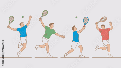 A cartoon man in different poses playing tennis with various colored rackets and clothes on a court