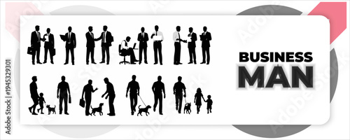 Set of pedestrian silhouettes featuring diverse people walking standing waving and walking dogs 
with various bags and accessories isolated on white background vector illustration