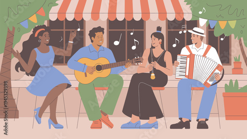 A group of friends enjoying music and each other's company outside a colorful cafe on a lively day