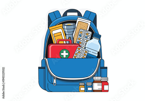Blue backpack full of emergency supplies and medical equipment