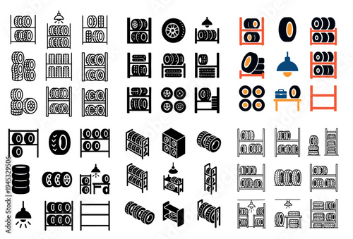 Automotive icons with tires racks lamps flat