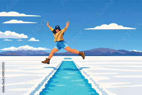 A happy young woman experiences pure freedom and joy while jumping on a tropical beach during her summer vacation as the sun shines over the ocean waves and sand